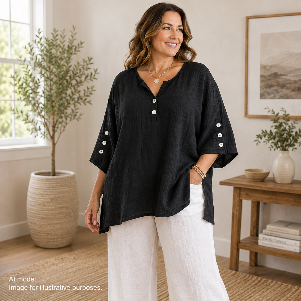 Lulu B Shirt Womens 1X Black Button Accent Tunic Top Cotton Crinkle Boho Casual